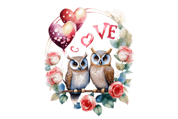 Download Valentine Owls with Flowers and Hearts - Premium Resources